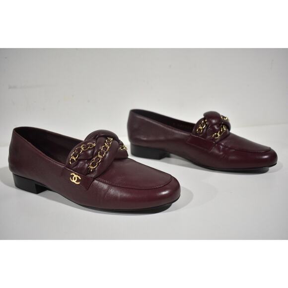 Chanel 17A Burgundy Red Braided CC Logo Gold Chain Slide Loafer Moccasin Flat 37 - Picture 2 of 10